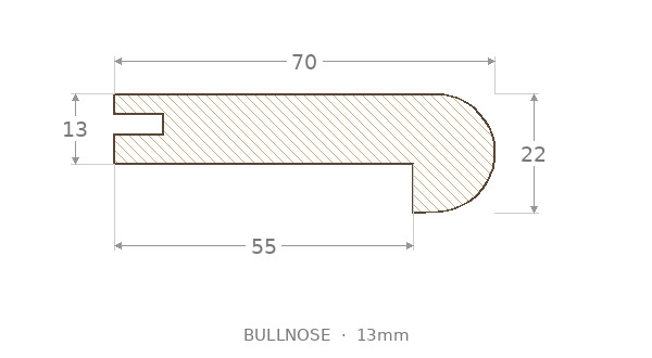 Stair nosing technical drawing — bullnose, 13mm