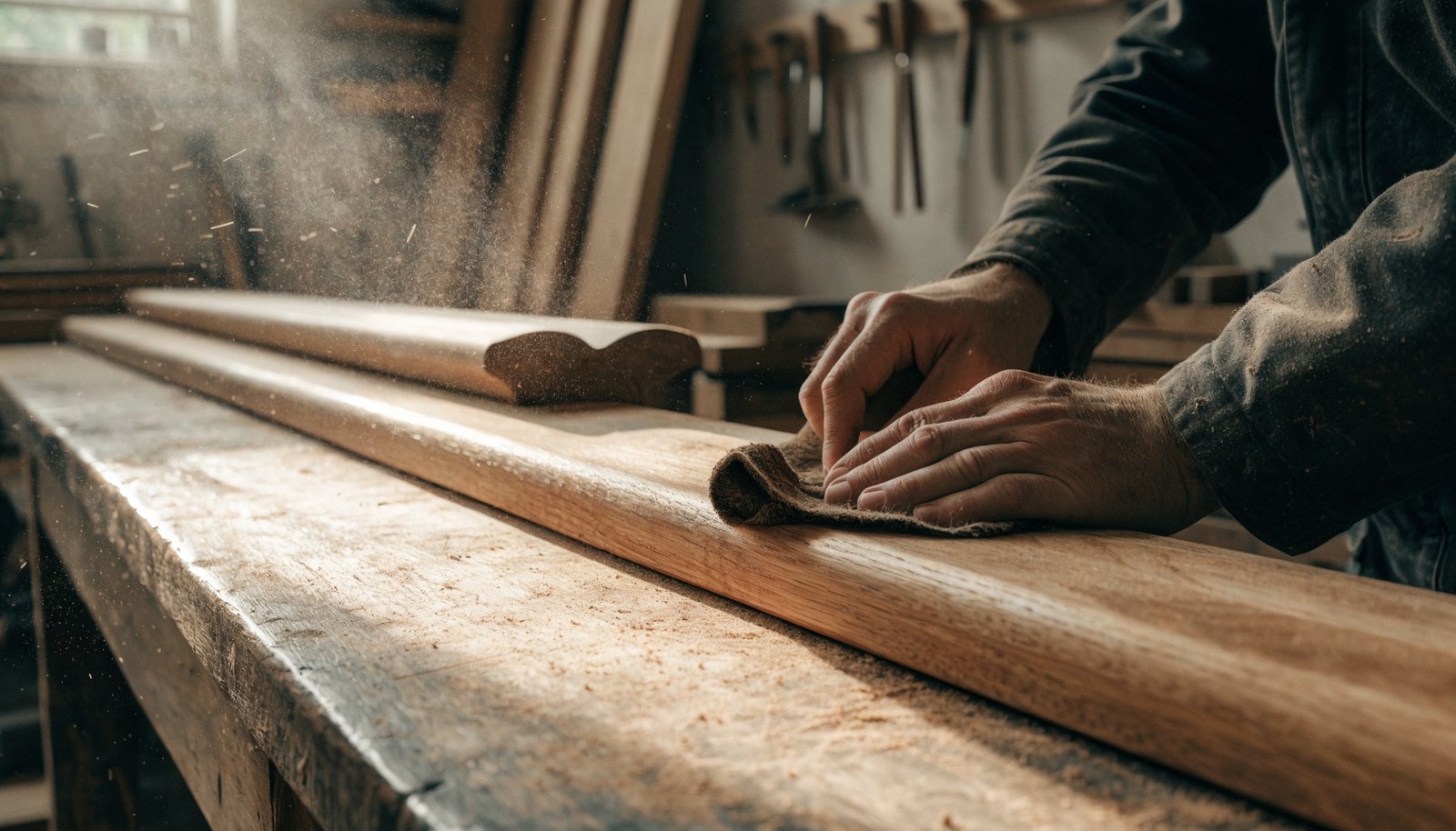 Hand-staining a solid oak stair nosing in the workshop