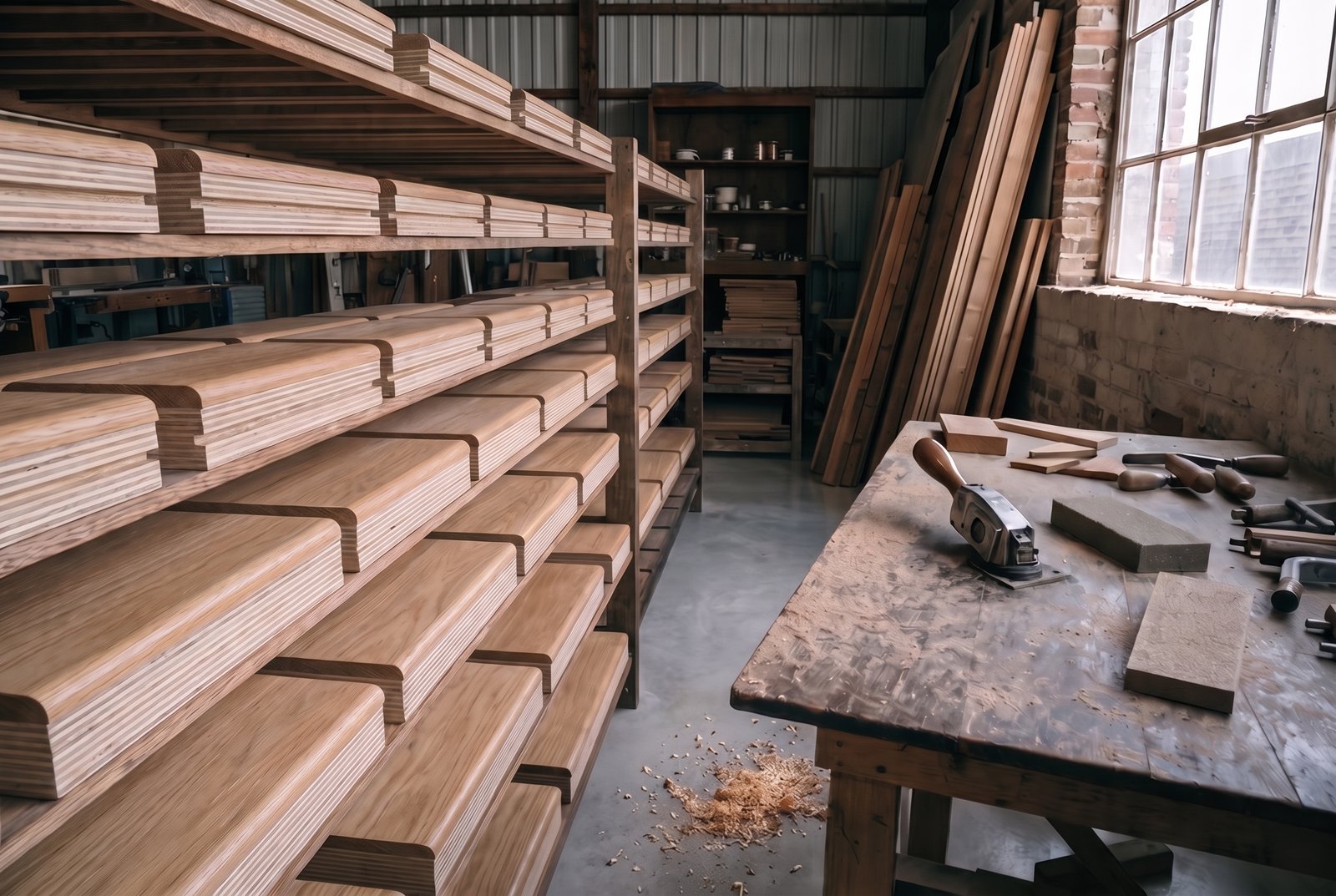 UK workshop with engineered-wood nosings and profiles on a drying rack